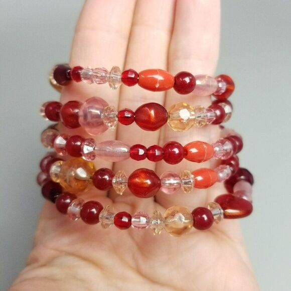 Vintage Red and Pink Memory Wire Coiled Bangle Bracelet, Wide Chunky Estate - Picture 1 of 7